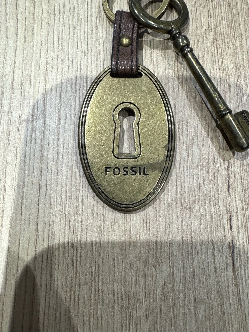 Fossil Brown Leather Key Fob with Brass Key & Lock Tag